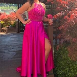 Mori Lee Fuchsia Embellished 2 Piece Prom Dress Size 10 Halter Gown
